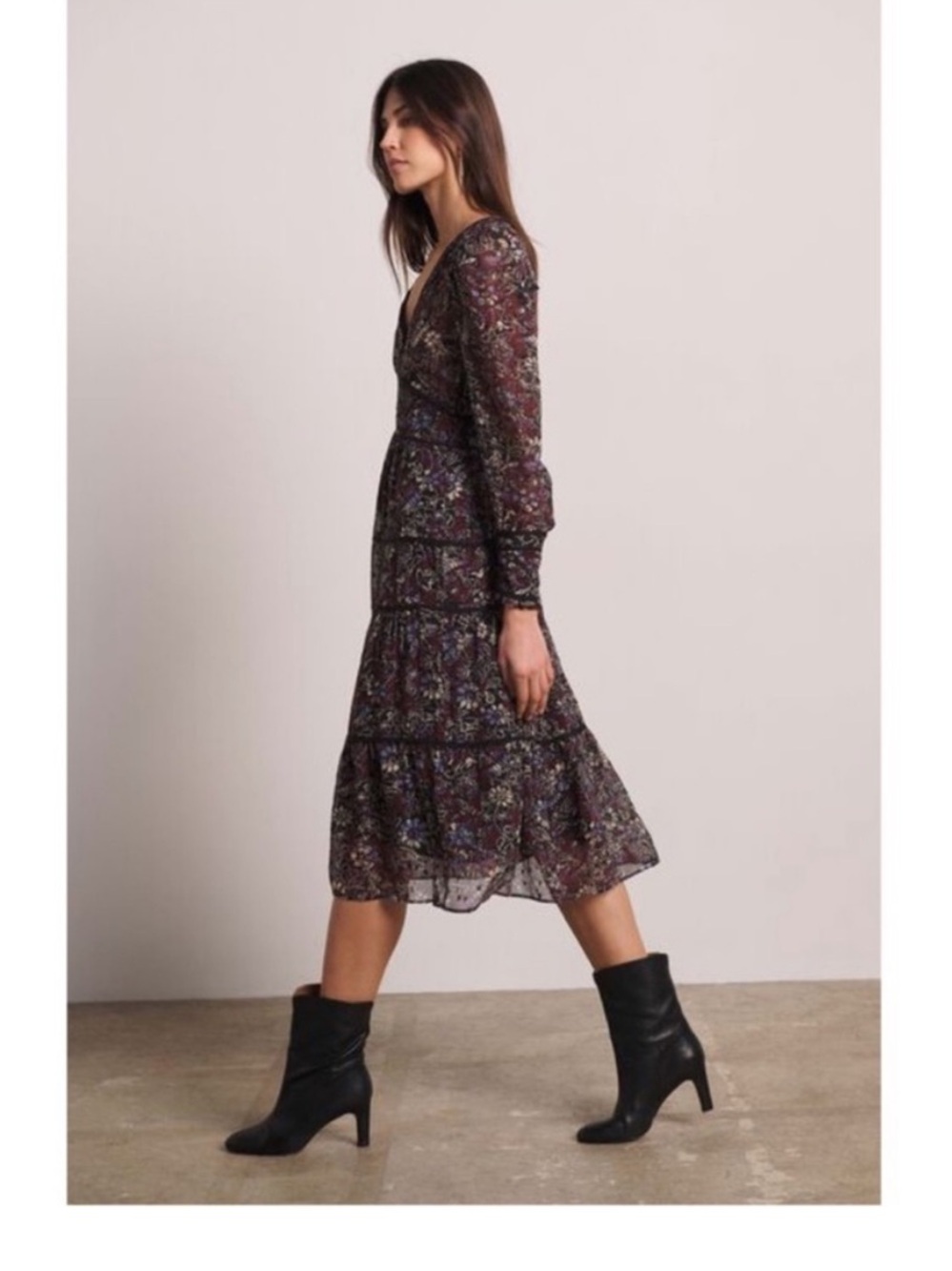 ba&sh Dark Multi Floral V-Neck Tiered Midi Dress